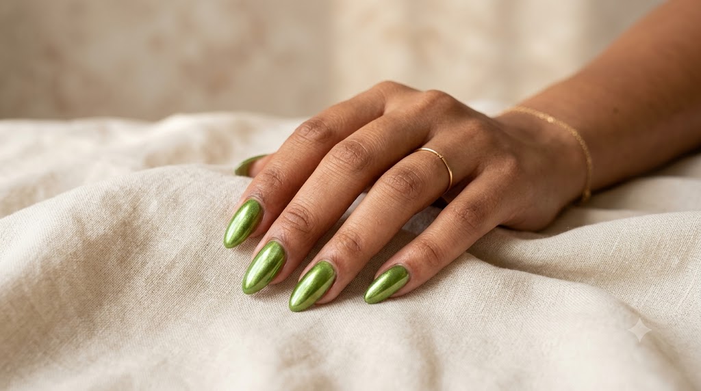 Pistachio Velvet Chrome Almond Nails